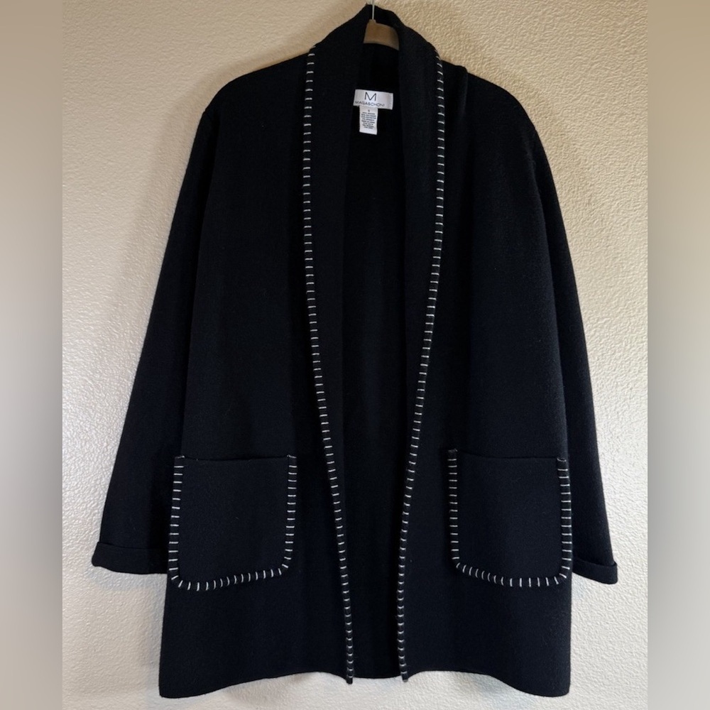 Magaschoni Navy Open-Front Sweater Cardigan with Stitch-Trim Pockets in Navy